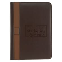 Brown faux leather padfolio with debossed logo