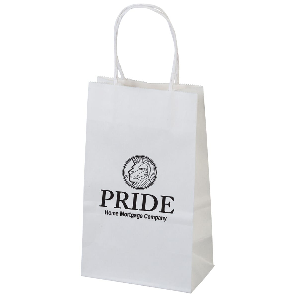 White paper bag with handles and black logo