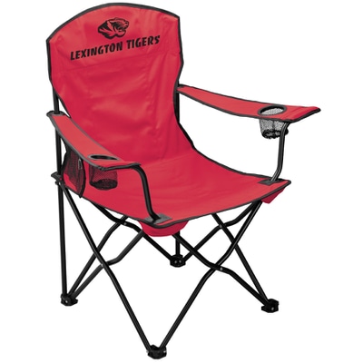 Red camp chair with black trim and black logo