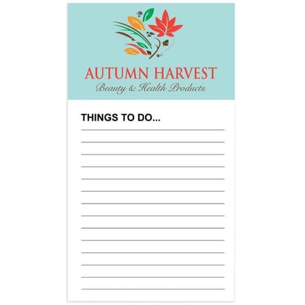 White and blue lined notepad with orange, green and yellow logo