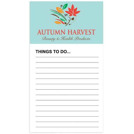 White and blue lined notepad with orange, green and yellow logo