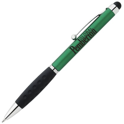 Red and black pen with metal accents, stylus tip, and logo