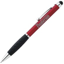 Red and black pen with metal accents, stylus tip, and logo