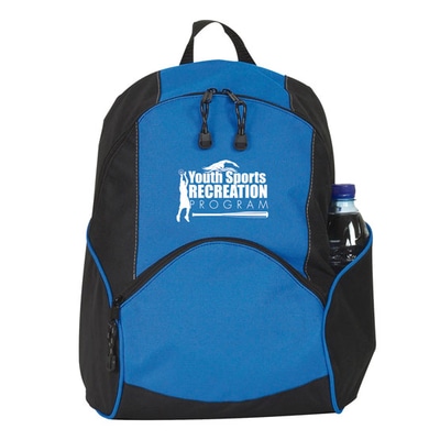Blue and black backpack with white logo