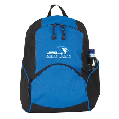 Blue and black backpack with white logo