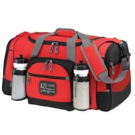 Red duffle bag with black trim, a gray strap and a black and white leather logo
