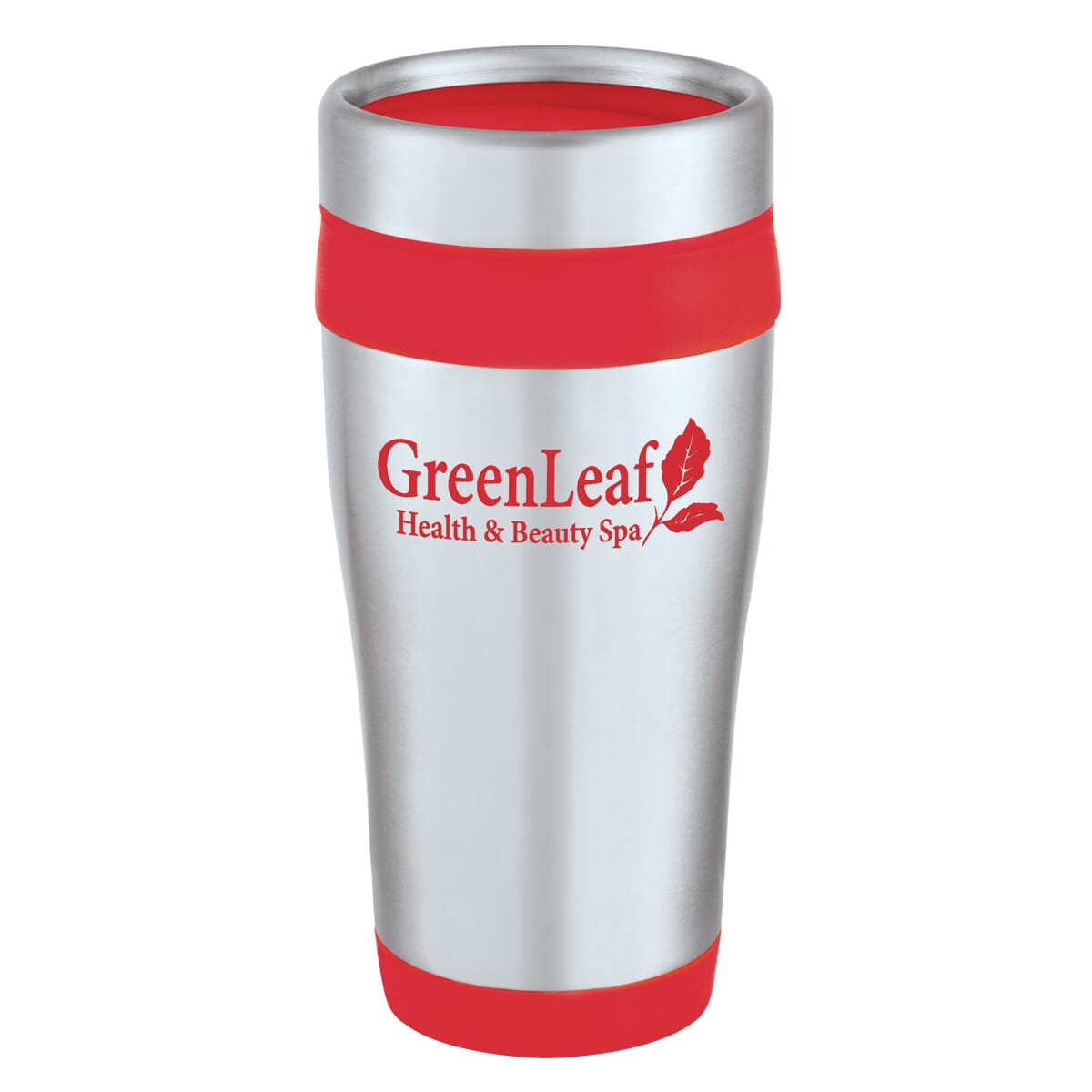 red and silver insulated travel mug