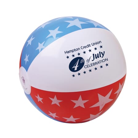 red white and blue stars beach ball with logo