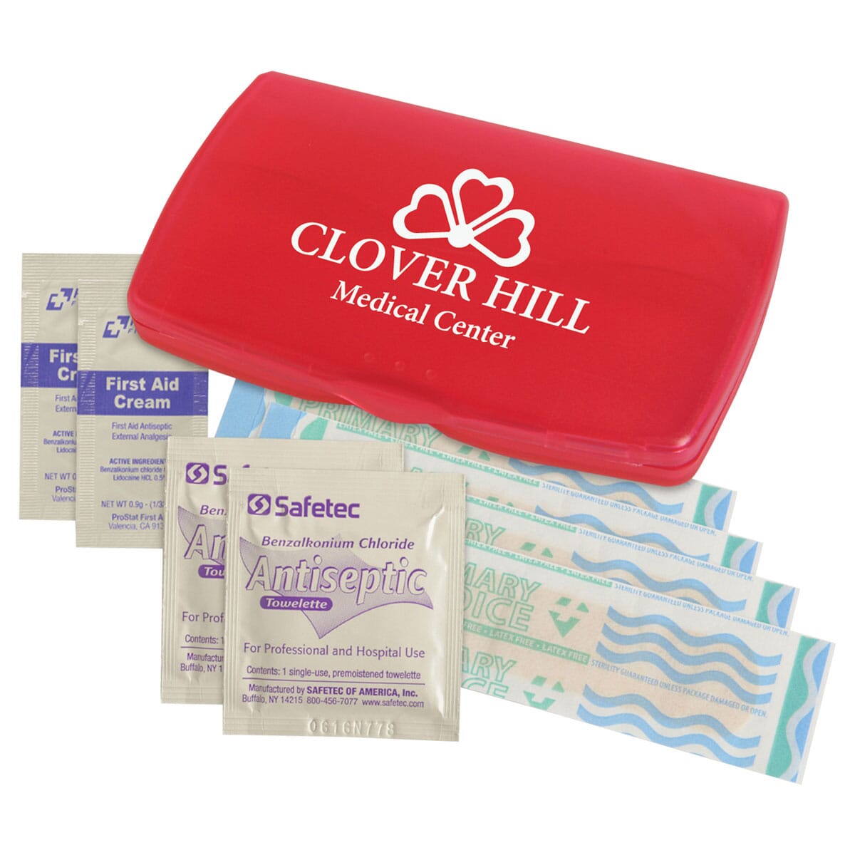 Travel size first aid kit with wipes, bandages, cream, and carry case