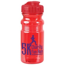 Red translucent water bottle with flip top lid and purple imprint