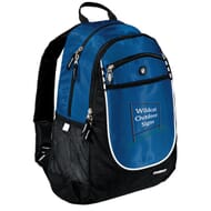 Black and blue backpack with black, white and green embroidered logo