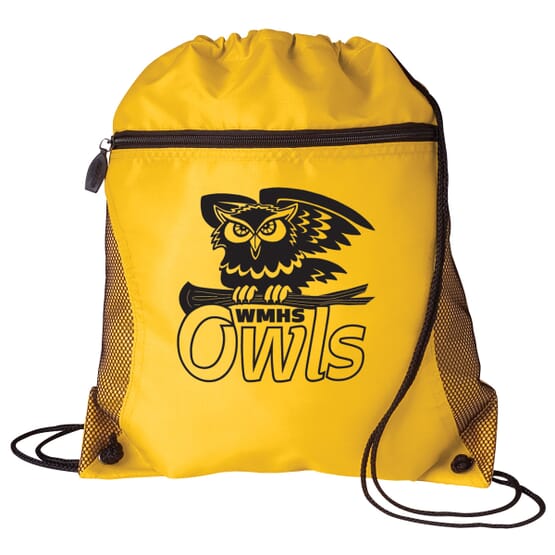 Yellow drawstring backpack with zipper and black logo