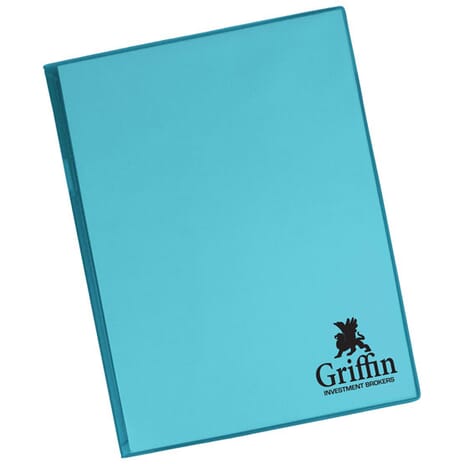Bright blue padfolio with black logo