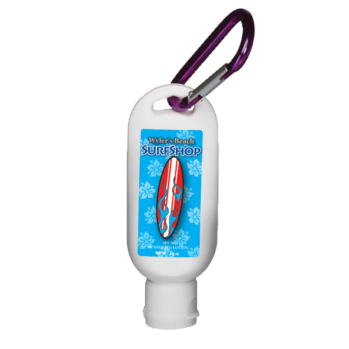 Travel size sunblock with carabiner clip