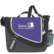 Purple, black and gray messenger bag with a white logo and trim