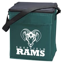 Black and forest green lunch cooler with school logo