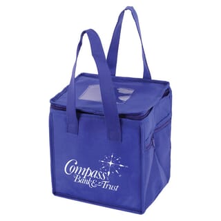 Blue cube-shaped lunch bag with carrying handles and white logo
