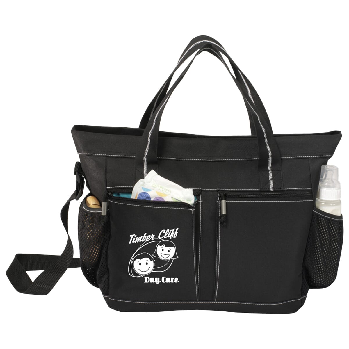 Black diaper bag with white logo on front pocket