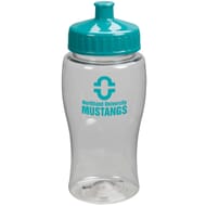 Clear water bottle with teal lid and logo