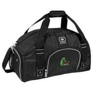 Black and blue backpack with black, white and green embroidered logo