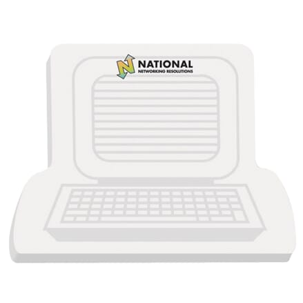 Bright blue adhesive notepad with dark blue logo and image