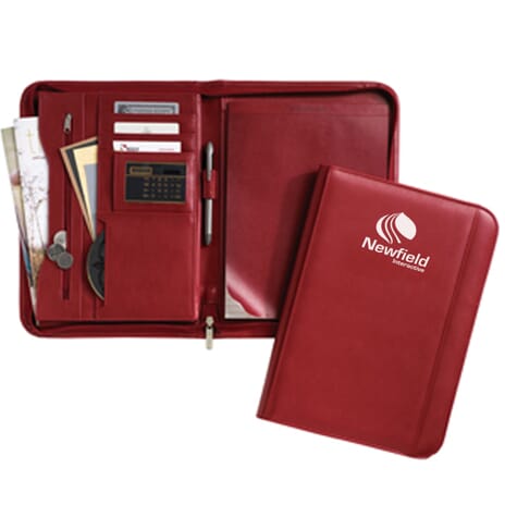 Red faux leather padfolio with white logo