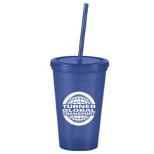 Blue tumbler with straw