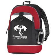 Red, black and grey backpack with white logo