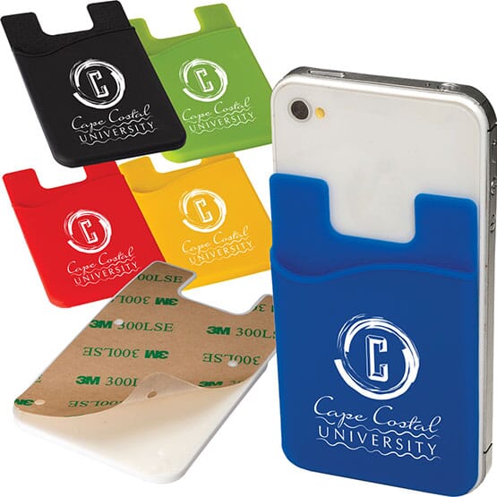 Single-pocket silicone phone wallets in blue, black, green, red and yellow, all with white logos.