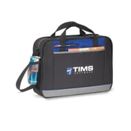 Black portfolio bag with gray trim and white and blue logo