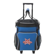 Blue and black rolling cooler with red and white logo