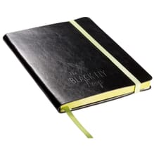 Black faux leather journal with debossed logo and green bookmark