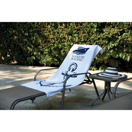 Plush white beach towel with large logo