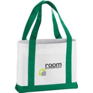 Green and white canvas tote bag with black, green and gray logo