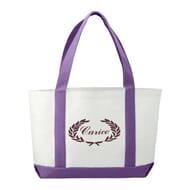 White canvas tote bag with dark purple trim and logo