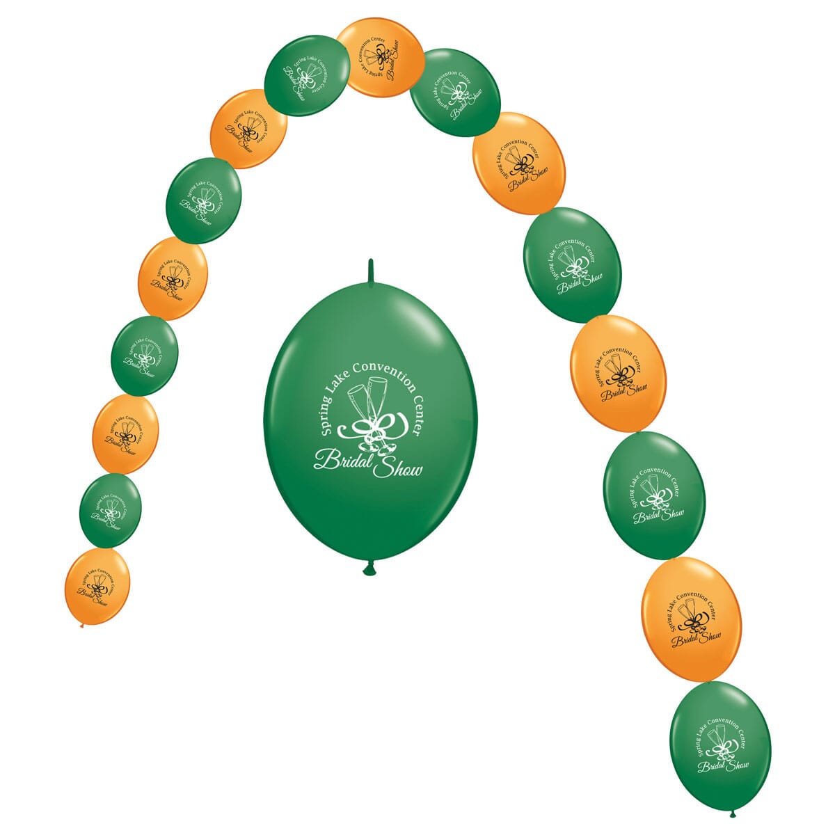 Green and orange balloons decorated with black and white logos, linked together to form a balloon arch