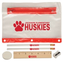 Red and white pencil pouch with ruler, eraser, sharpener, and pencils
