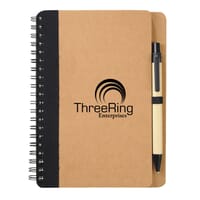 Blue and white spiral-bound notebook with blue logo, snap closure and included MopTopper pen