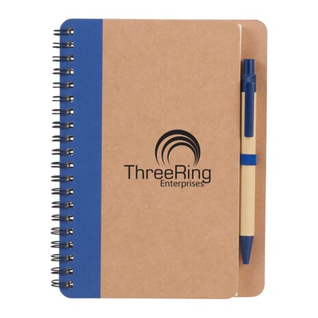 Brown cardboard spiral-bound notebook with blue trim and black logo