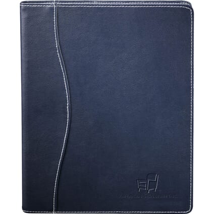 Dark blue faux leather journal with debossed logo