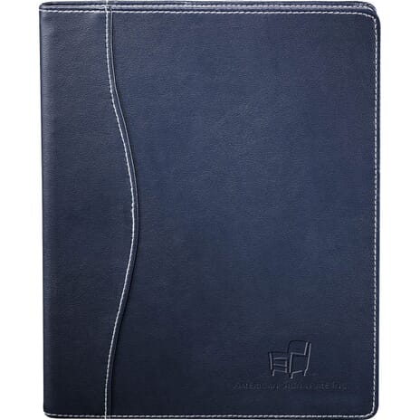 Dark blue faux leather journal with debossed logo