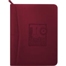 Dark red faux leather padfolio with debossed logo
