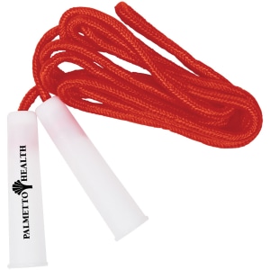 Red jump rope with white handles and black logo