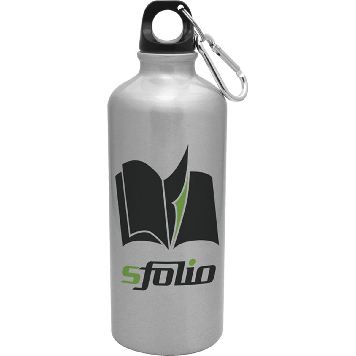 Silver aluminum water bottle with black lid, silver carabiner clip and a black and green logo