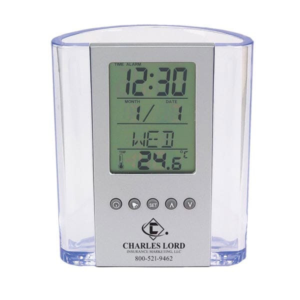 Clear Pen Cup with Alarm & Thermometer
