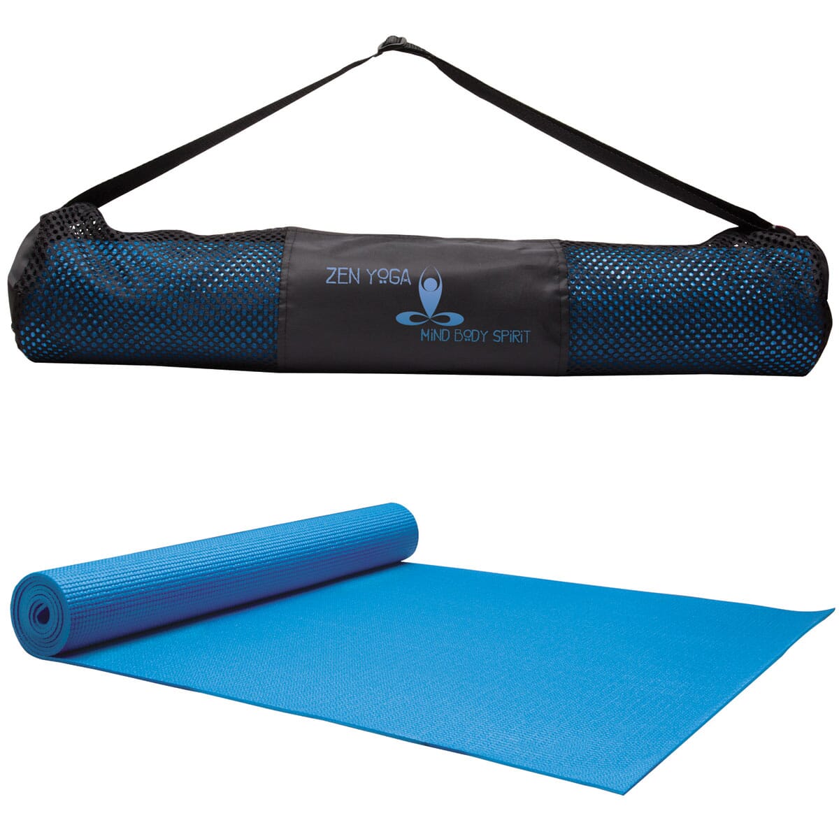 blue yoga mat with mesh carrying bag