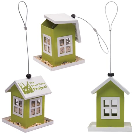 Bird feeder with logo on roof