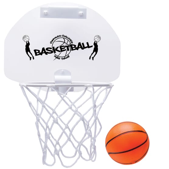 White basketball hoop with black logo alongside small orange basketball