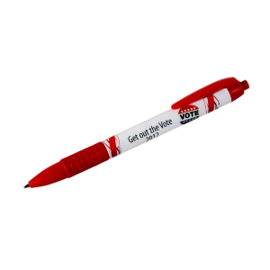 Red and white plastic pen with black text and a red, white and blue logo