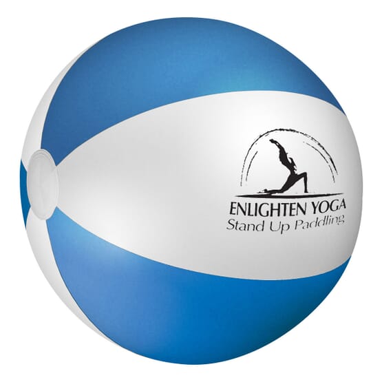 Blue and white striped inflatable beach ball with black logo